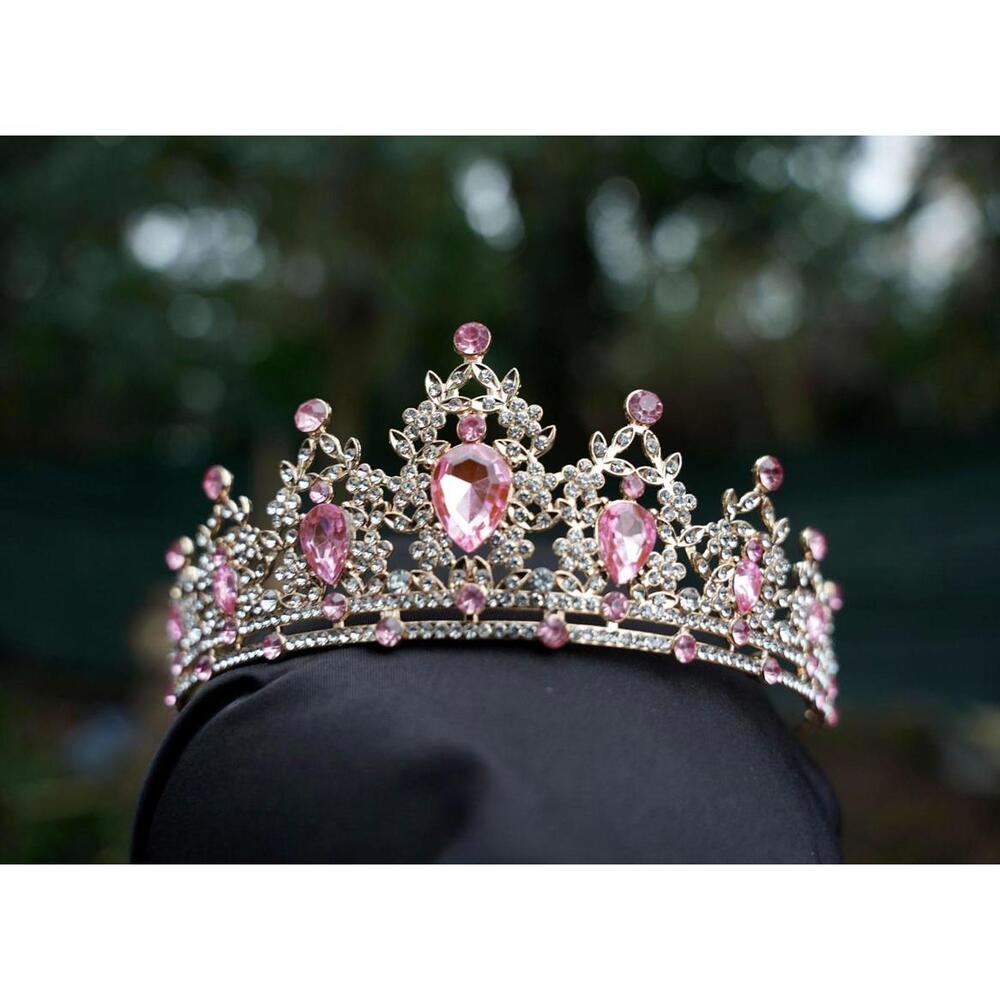 Small Pink Crystal Bridal Tiara: Gold Wedding Birthday Crown